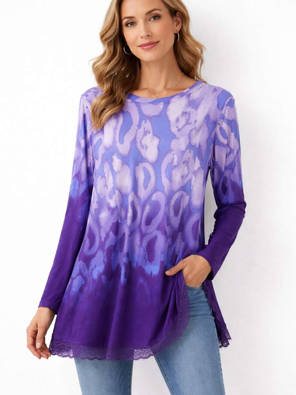 LOGO by Lori Goldstein Purple Ombre Animal-Print Long Sleeve Tunic